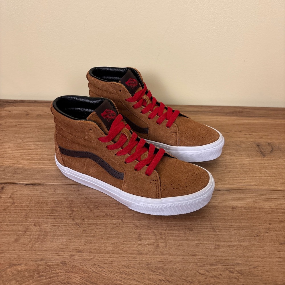 VANS Sk8-Hi Pig Suede Shoes Brown/Red Kids Size 2 High Top Lace Up Sneakers Tan